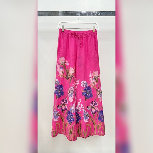 (12-03-BLO-FUCH) BLOSSOM BREEZE PRINT DRAWSTRING LINEN PANTS